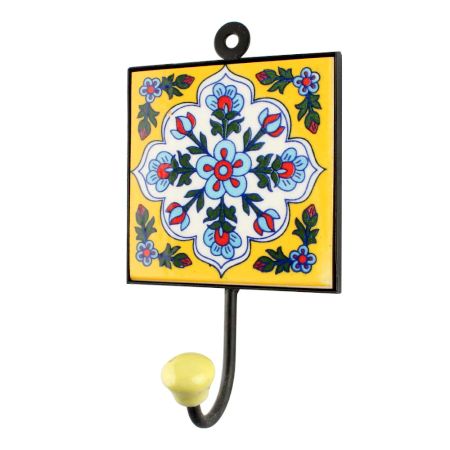 White Base Turquoise Ceramic Floral Tiles Hook 